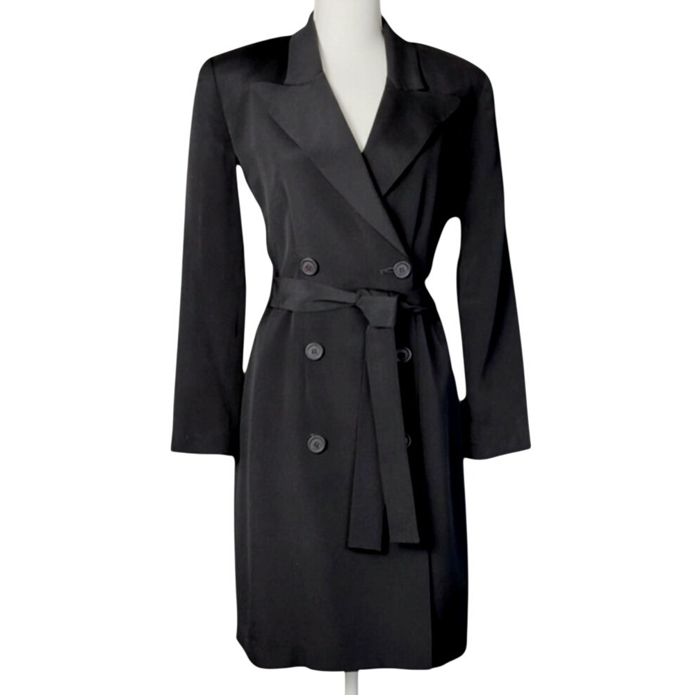 VTG Y2K Hugo Buscati Milano DOUBLE BREASTED BLACK DRESS Trench Shape w/Belt SZ 8